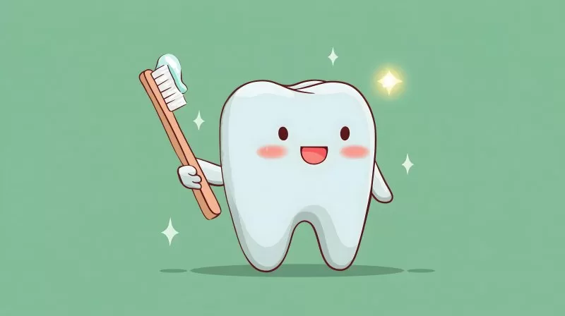 Lächelnder Zahn mit Zahnbürste auf grünem Hintergrund