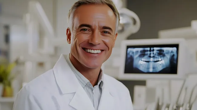 Lächelnder Zahnarzt präsentiert Röntgenbild in Praxis
