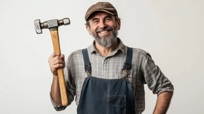 Lächelnder Zimmermann mit Hammer hält Werkzeug in Arbeitskleidung