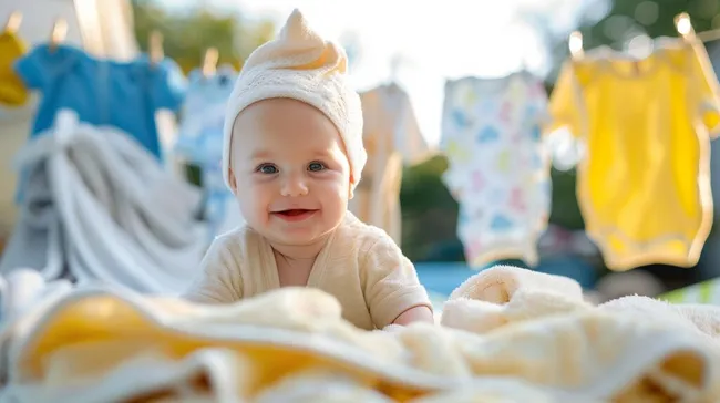 Lächelndes Baby auf gestapelten Handtüchern