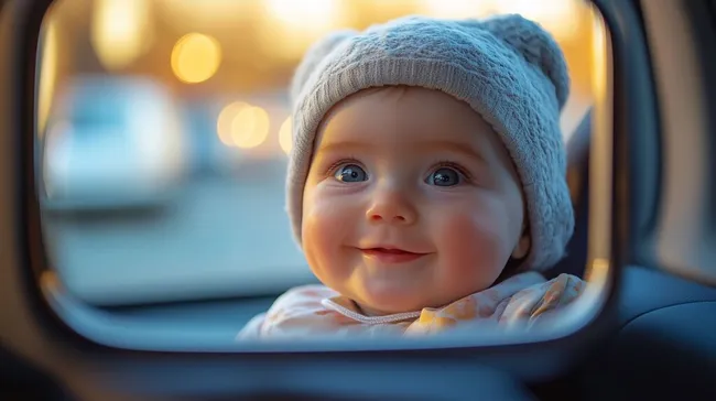Lächelndes Baby im Autospiegel