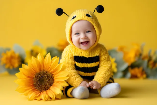 Lächelndes Baby im Bienen-Kostüm mit Sonnenblume vor gelbem Hintergrund