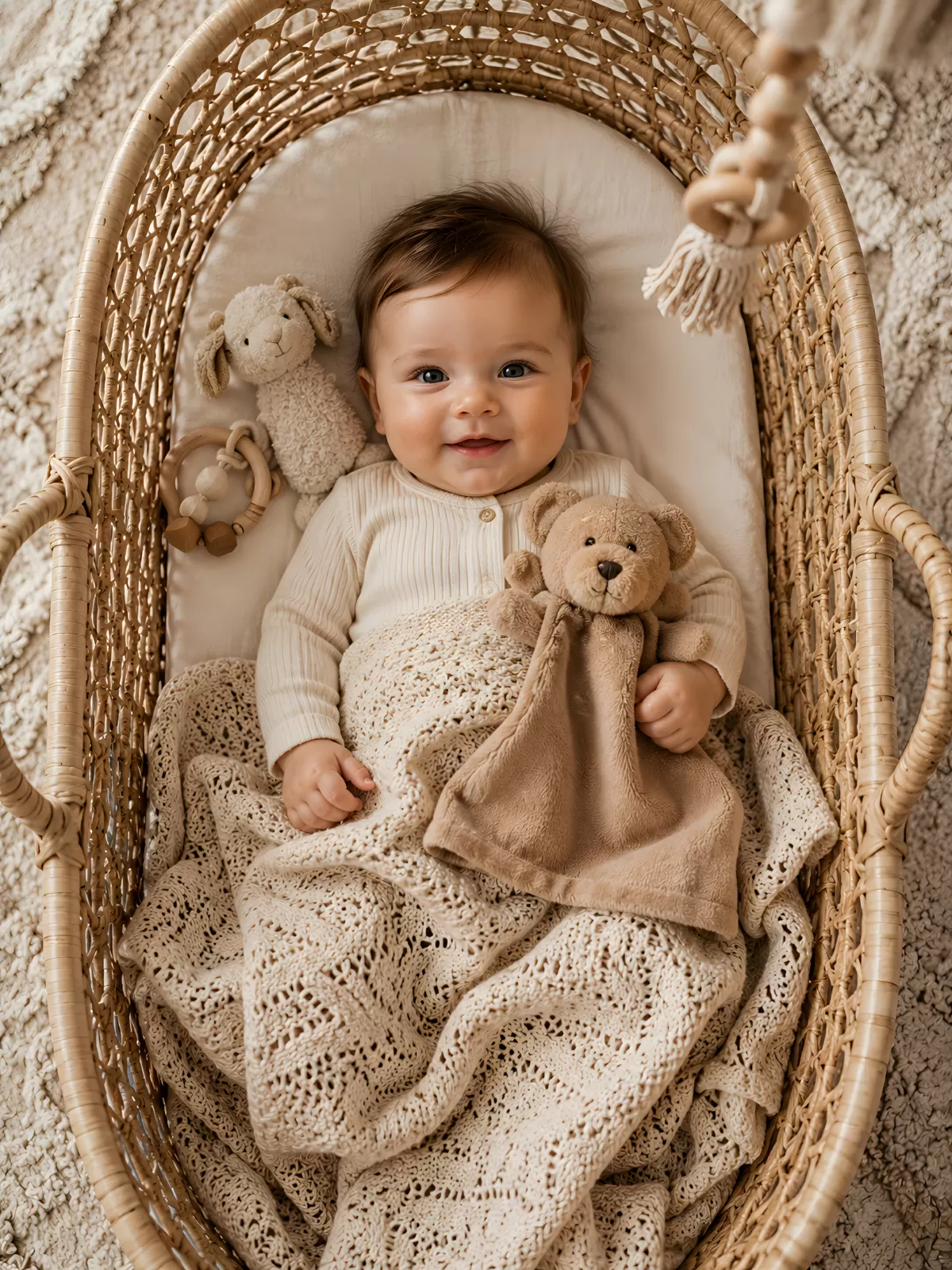 Lächelndes Baby im Weidenkorb mit Teddybär