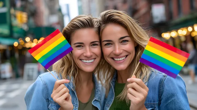 Lächelndes Frauenpaar hält Regenbogenfahnen in urbaner Umgebung