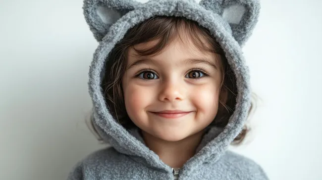 Lächelndes Kind im Katzenkapuzenpullover