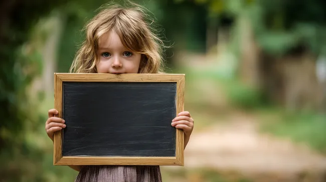 Lächelndes Kind mit leerer Kreidetafel im Grünen