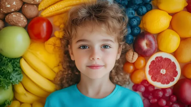 Lächelndes Kind umgeben von frischem Obst und Gemüse