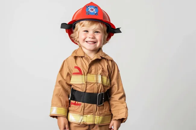 Lächelndes Kleinkind in Feuerwehrausrüstung