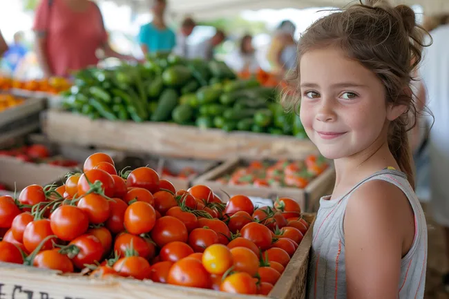 Lächelndes Mädchen auf einem Bauernmarkt