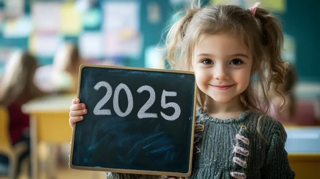 Lächelndes Mädchen hält Tafel mit Jahr 2025 im Klassenzimmer