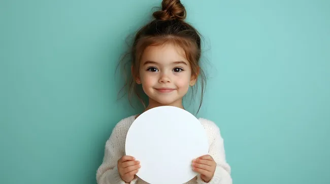 Lächelndes Mädchen hält weißen Rundschild