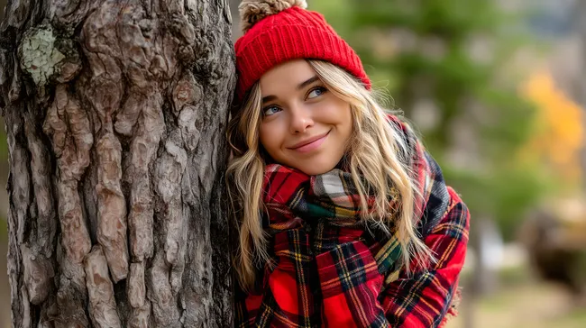 Lächelndes Mädchen im Herbstwald mit roter Mütze