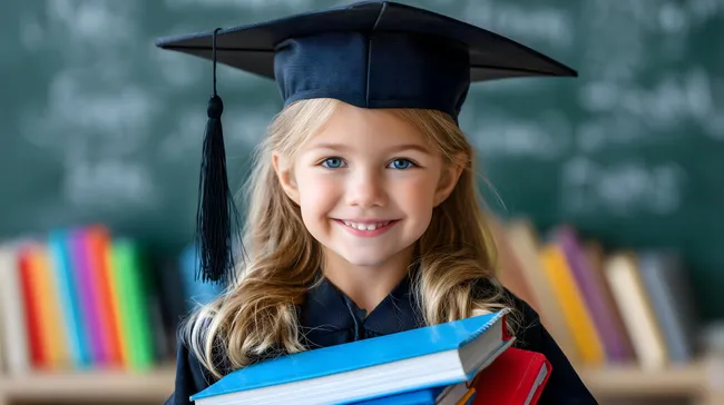 Lächelndes Mädchen in Absolventenkappe mit Bücherstapel