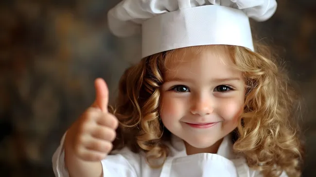 Lächelndes Mädchen in Kochmütze gibt Daumen hoch
