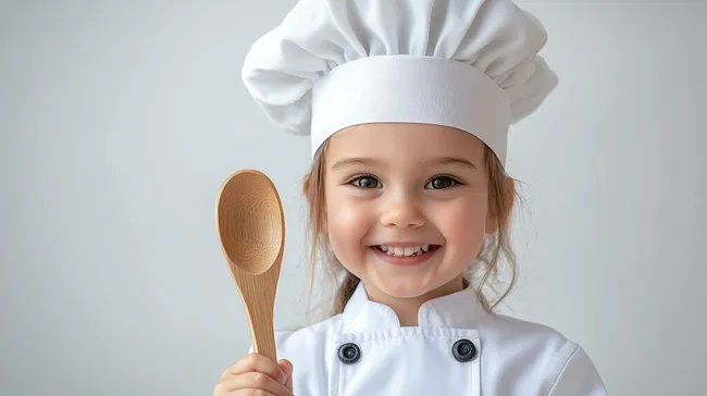 Lächelndes Mädchen in Kochuniform mit Löffel
