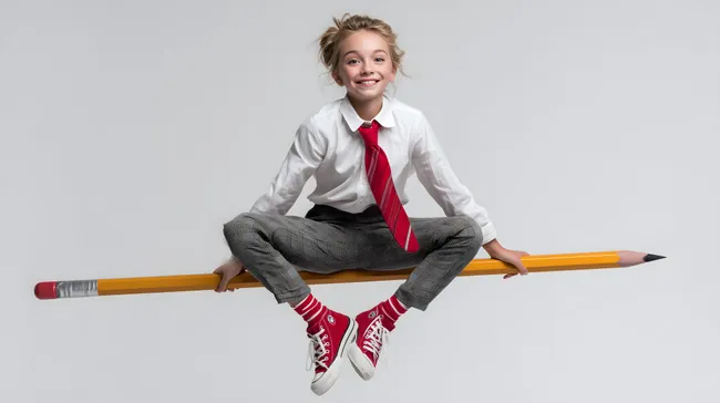 Lächelndes Mädchen mit Krawatte auf Bleistift vor grauem Hintergrund