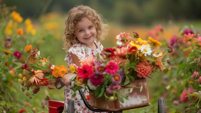 Lächelndes Mädchen mit lockigem Haar in bunter Blumenwiese