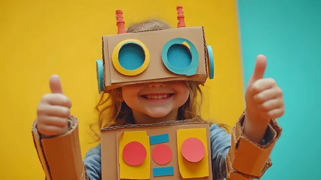 Lächelndes Mädchen mit Selbstbau-Roboterkostüm gibt Daumen hoch