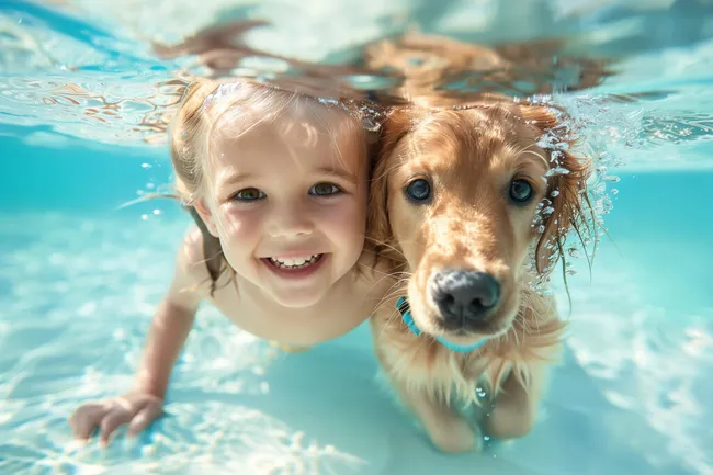 Lächelndes Mädchen und Hund unter Wasser