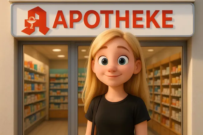 Lächelndes Mädchen vor Apotheke mit Apothekenlogo