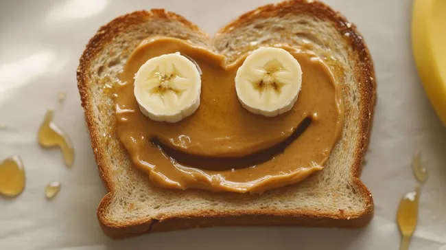 Lächelndes Toastbrot mit Erdnussbutter und Banane