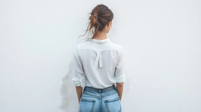 Lässige Rückansicht einer jungen Frau in weißer Bluse und Jeans