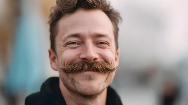 Lässiger Mann mit Schnurrbart lächelt