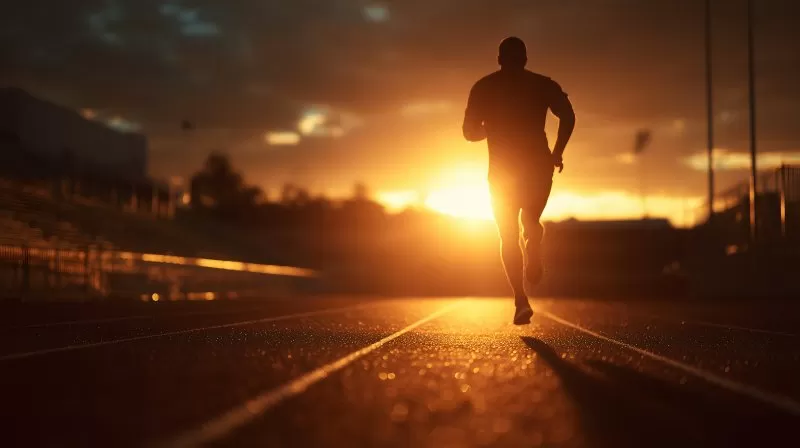 Läufer auf Laufbahn bei Sonnenaufgang