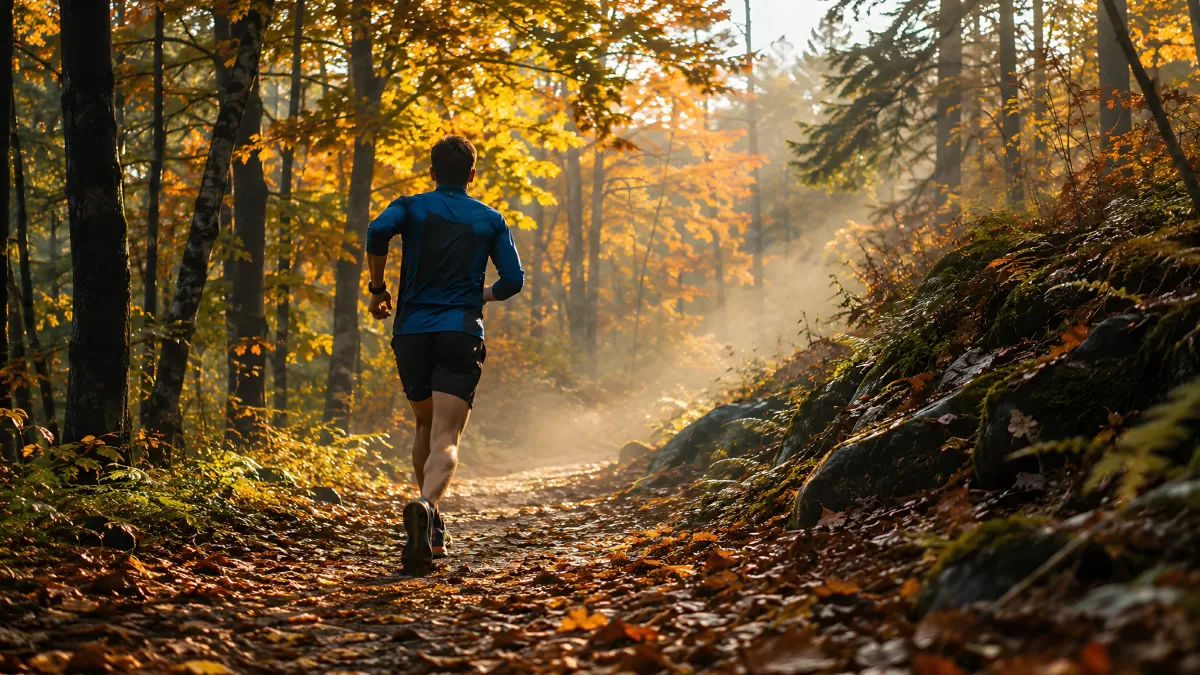 Läufer im herbstlichen Waldweg mit goldenem Licht