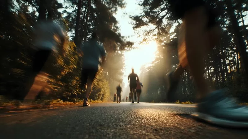 Läufer im Park unterwegs auf asphaltiertem Weg bei Morgenlicht