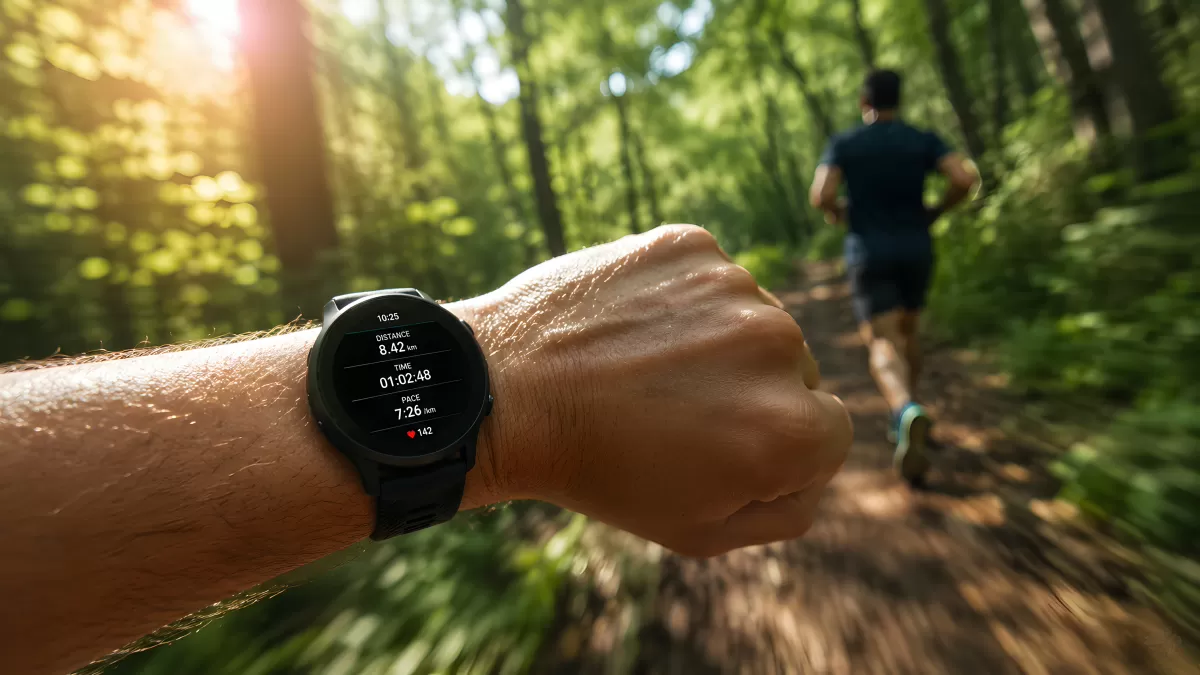 Läufer im Wald mit Smartwatch beim Trailrunning