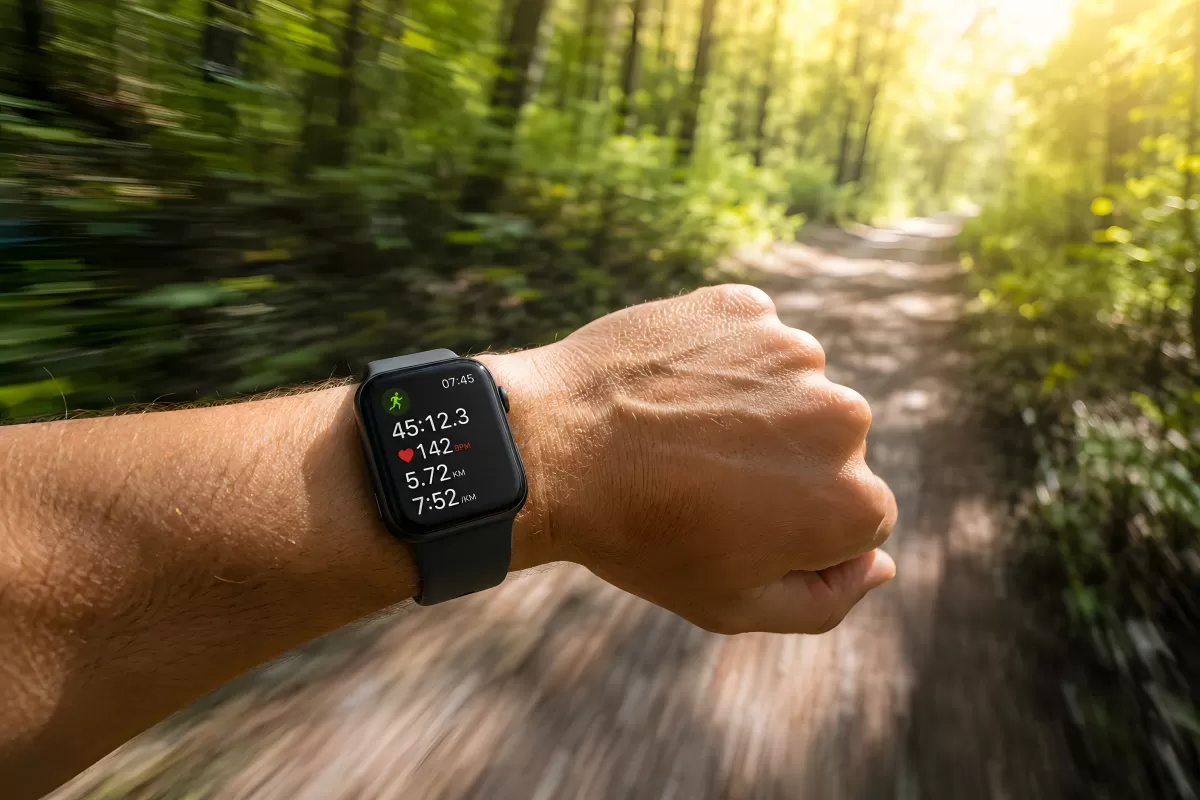 Läufer im Wald mit Smartwatch zeigt Fitnessdaten