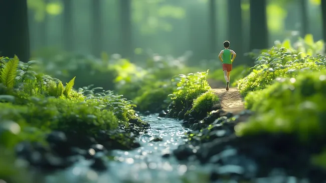 Läufer in grünem Wald entlang eines Bachs