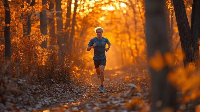 Läufer in herbstlichem Waldweg bei Sonnenaufgang
