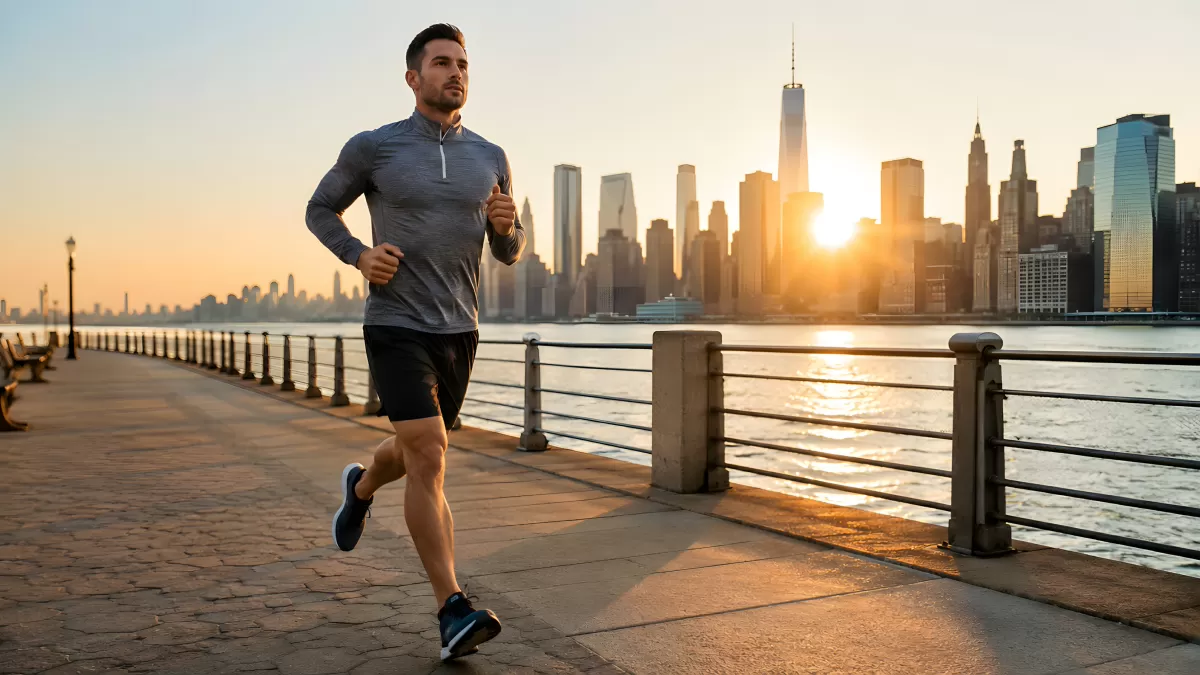 Läufer joggt bei Sonnenuntergang am Flussufer der Stadt