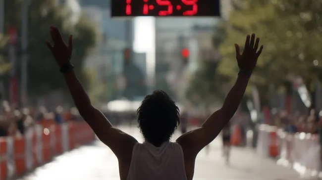 Läufer jubelt nach dem Zieleinlauf eines Marathons