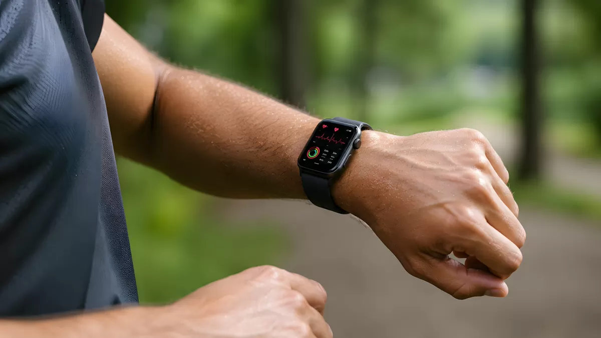 Läufer kontrolliert Herzfrequenz auf seiner Smartwatch