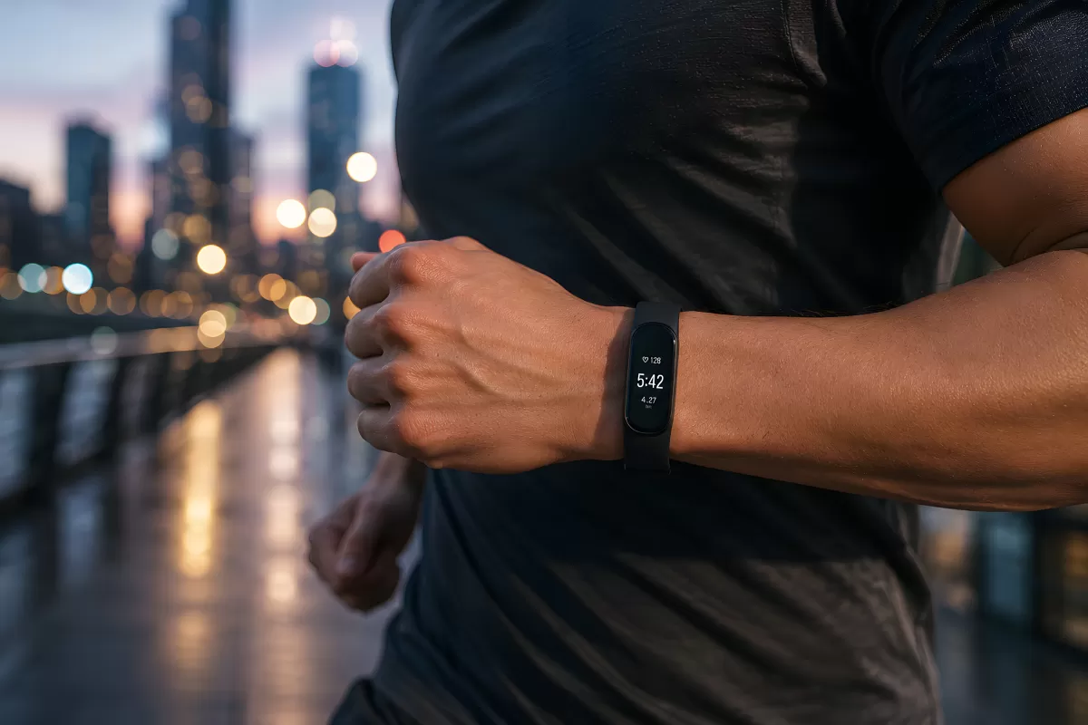 Läufer mit Fitness-Tracker beim Abendlauf in der Stadt