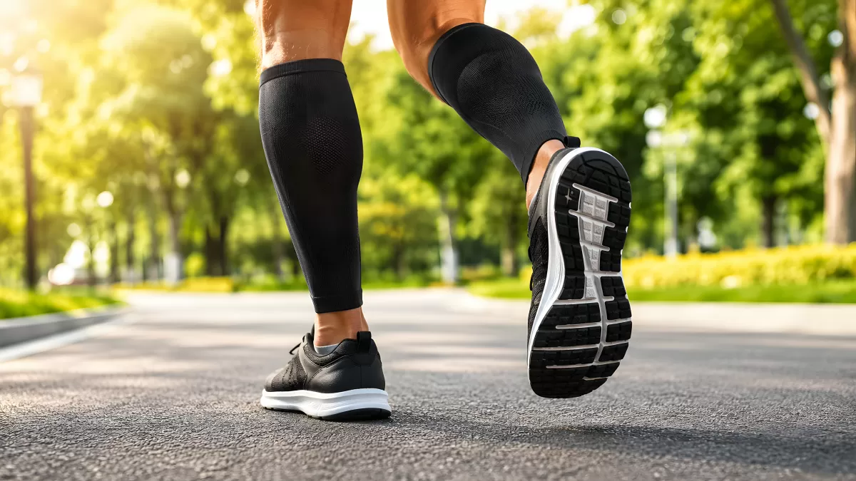 Läufer mit Kompressionssocken beim Joggen im Park