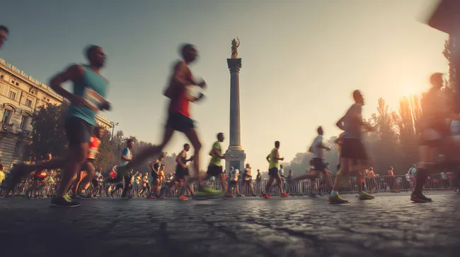 Läufer passieren Berliner Siegessäule im Morgengrauen