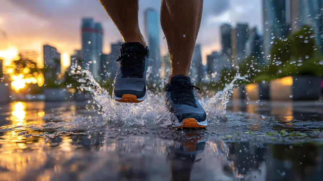 Läufer sprintet durch Pfütze in der Stadt bei Sonnenuntergang