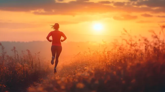 Läuferin genießt Sonnenaufgang in Wiesenlandschaft