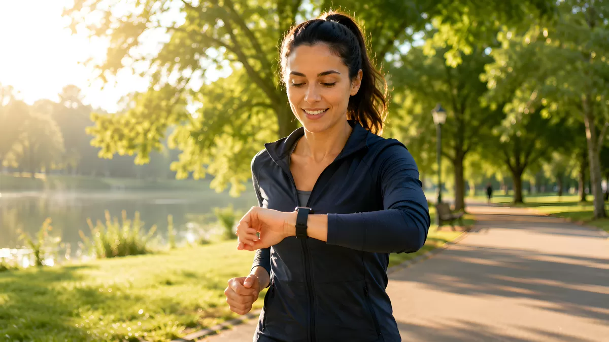 Läuferin im Park prüft ihre Smartwatch beim Joggen
