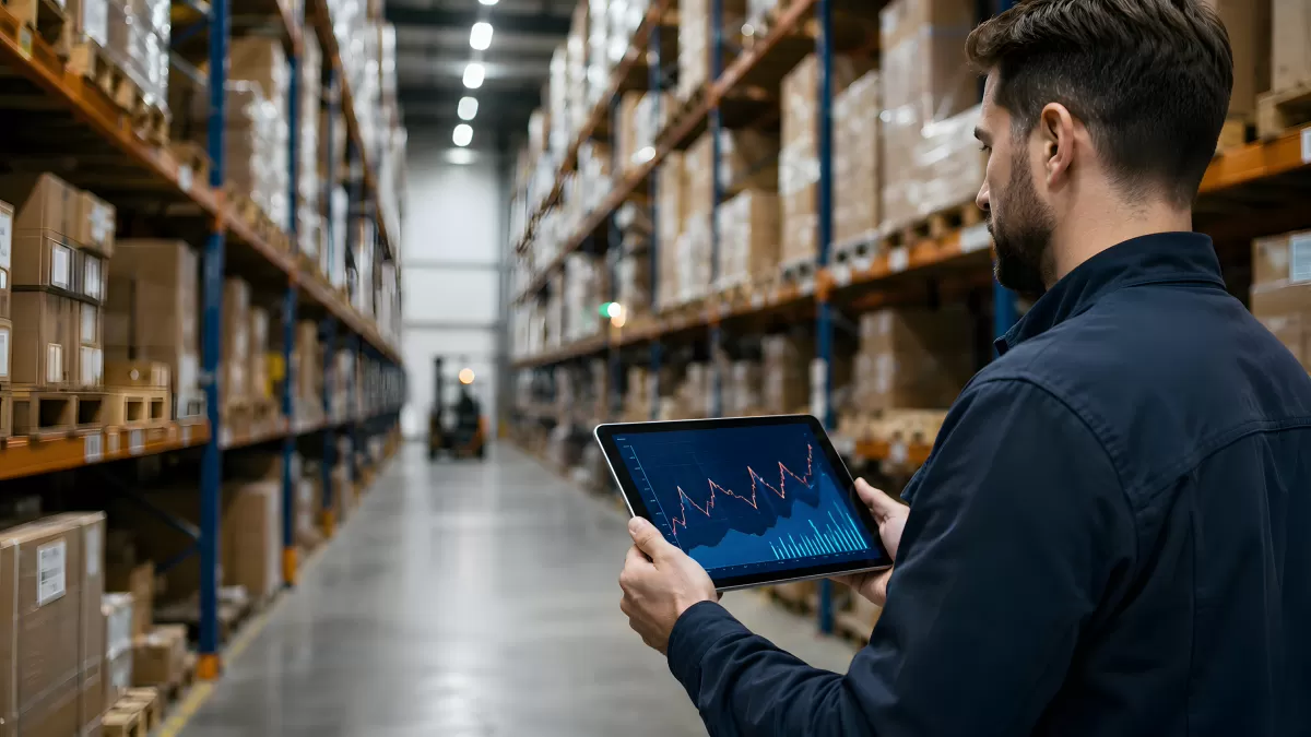 Lagerarbeiter analysiert Bestandsdaten auf Tablet