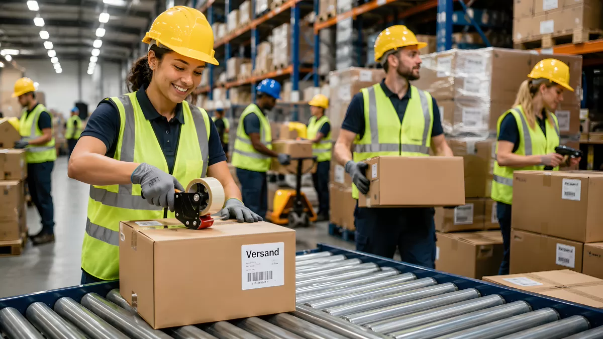 Lagerarbeiter beim Verpacken von Paketen im Versandlager