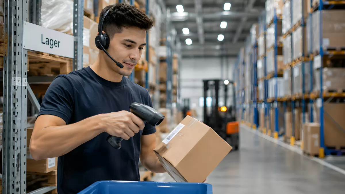 Lagerarbeiter erfasst Paket mit Barcode-Scanner