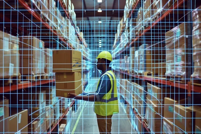 Lagerarbeiter erfasst Pakete in modernem Warenlager