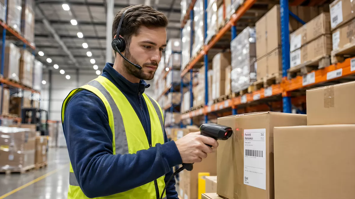Lagerarbeiter scannt Paket mit Barcode-Scanner