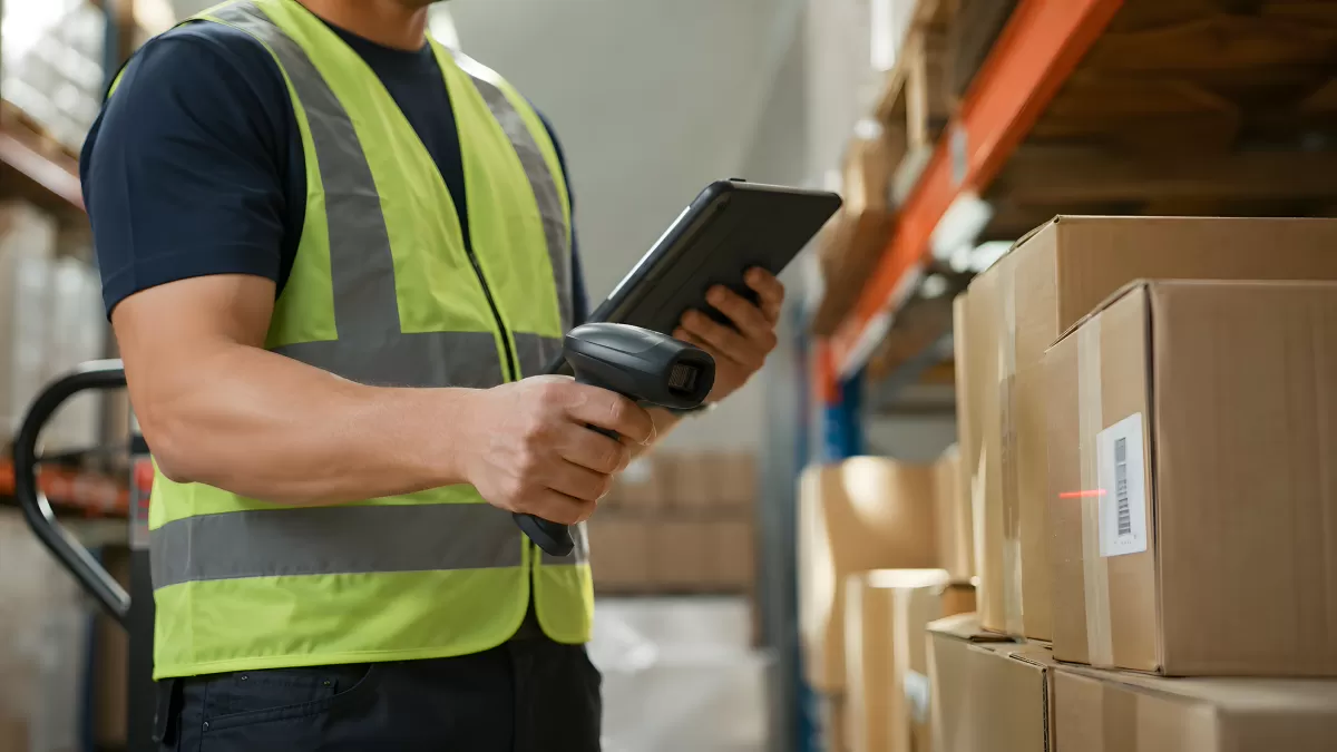 Lagerarbeiter scannt Pakete mit Barcodescanner