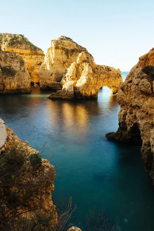 Lagoon with rorck formations near Lagos, Portugal  Flip 2019